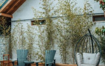 Jauki medinė terasa su patogiais lauko baldais ir žaliuojančiais augalais saulėlydžio metu.